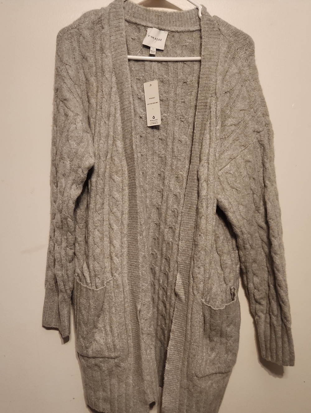 Pink Rose Light Gray Cable Knit Open Cardigan